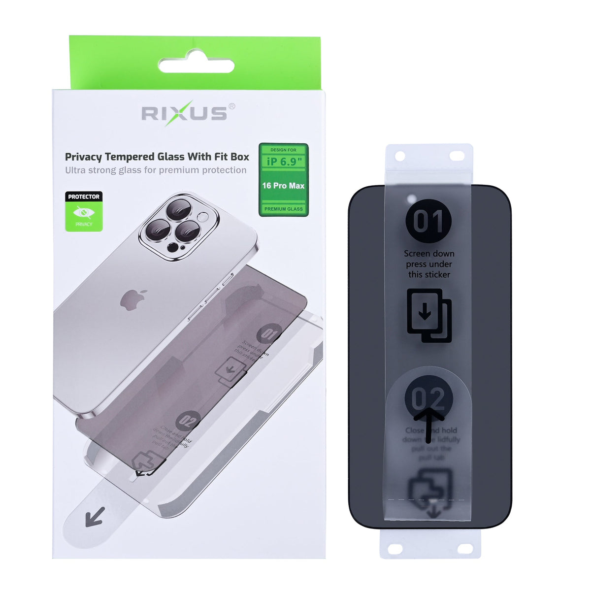 Rixus Privacy Panzerglas mit Montagehilfe für iPhone 16 Pro Max