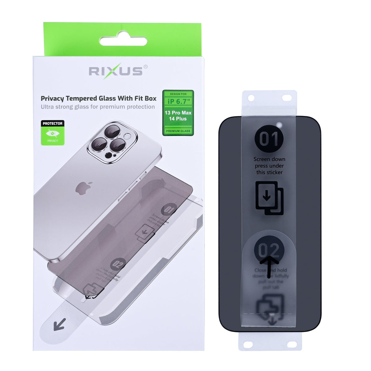 Rixus Privacy Panzerglas mit Montagehilfe für iPhone 13 Pro Max, iPhone 14 Plus