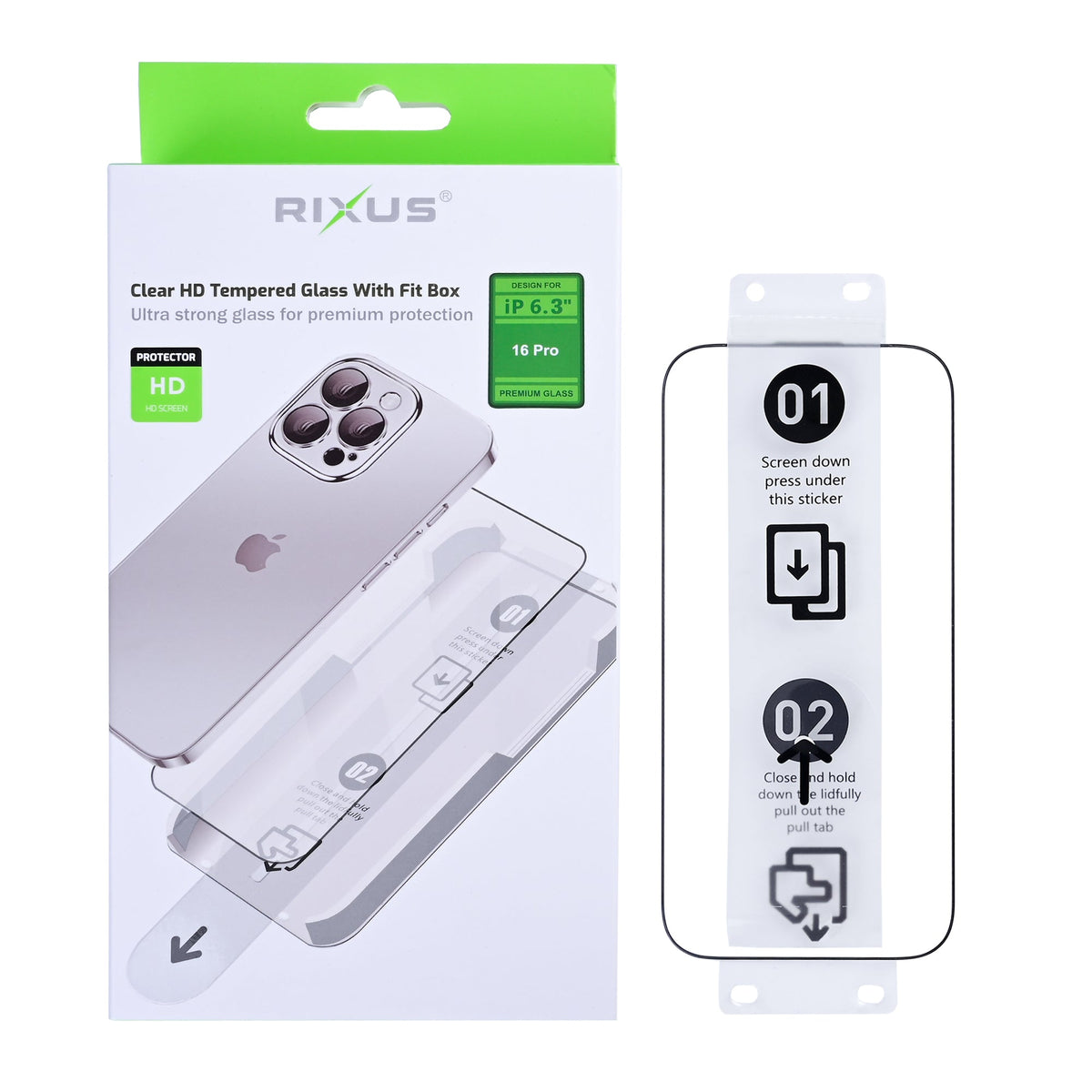 Rixus Clear HD Panzerglas mit Montagehilfe für iPhone 16 Pro