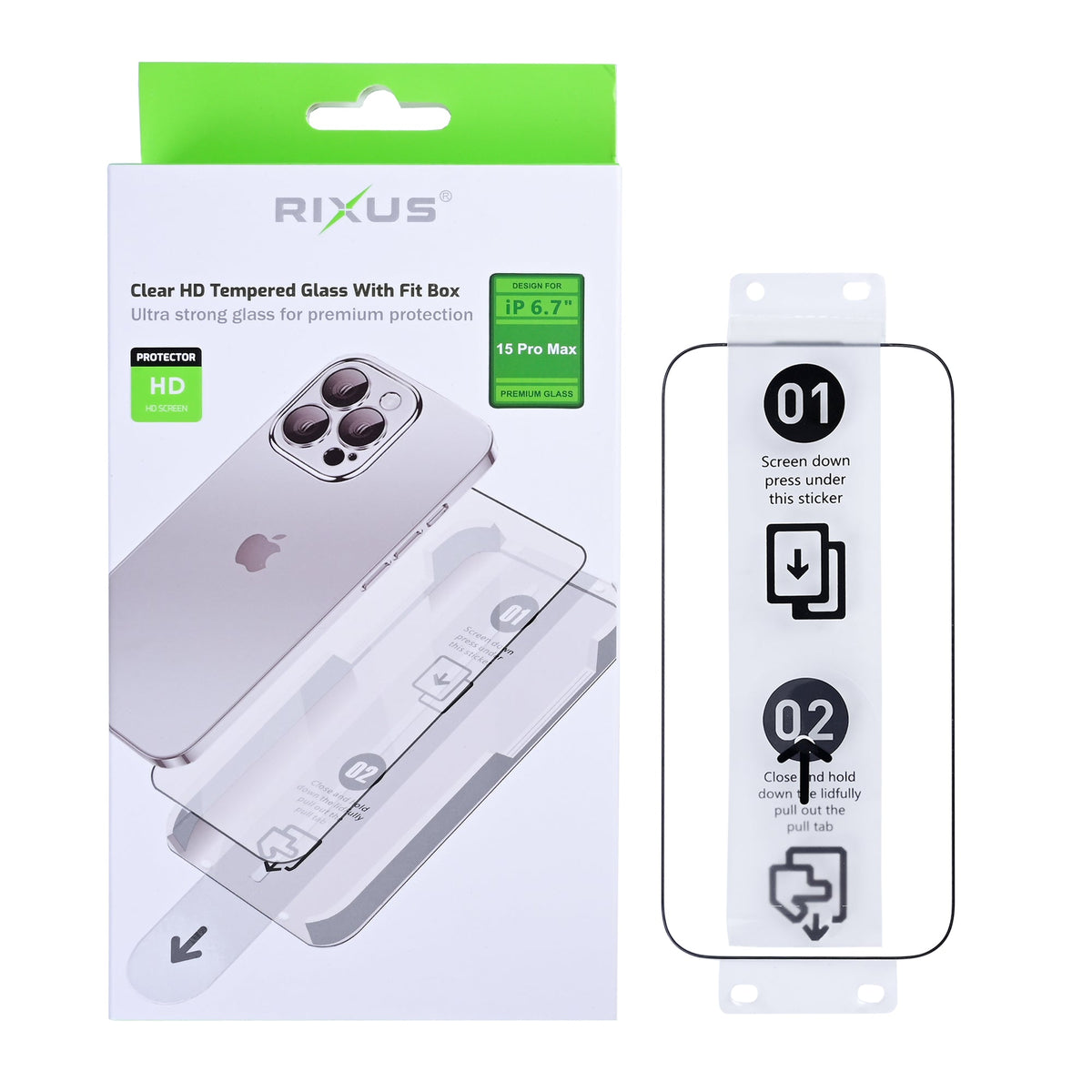 Rixus Clear HD Panzerglas mit Montagehilfe für iPhone 15 Pro Max