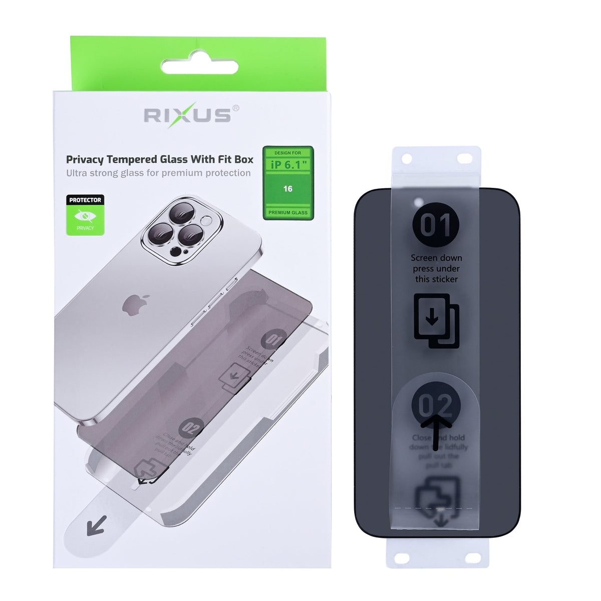 Rixus Privacy Panzerglas mit Montagehilfe für iPhone 16