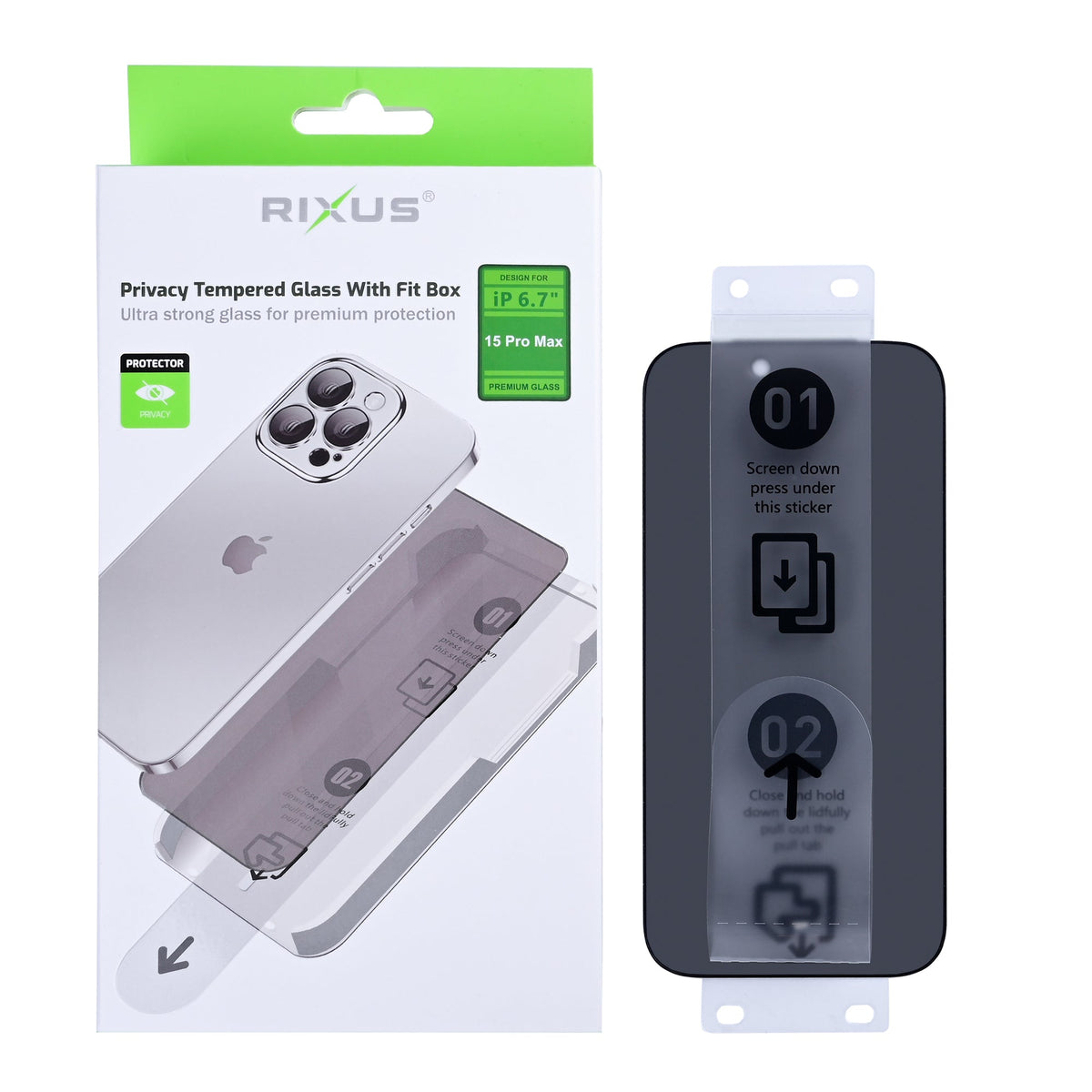 Rixus Privacy Panzerglas mit Montagehilfe für iPhone 15 Pro Max