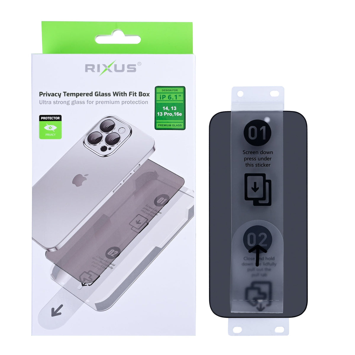 Rixus Privacy Panzerglas mit Montagehilfe für iPhone 13, iPhone 13 Pro, iPhone 14, iPhone 16e, iPhone 17e