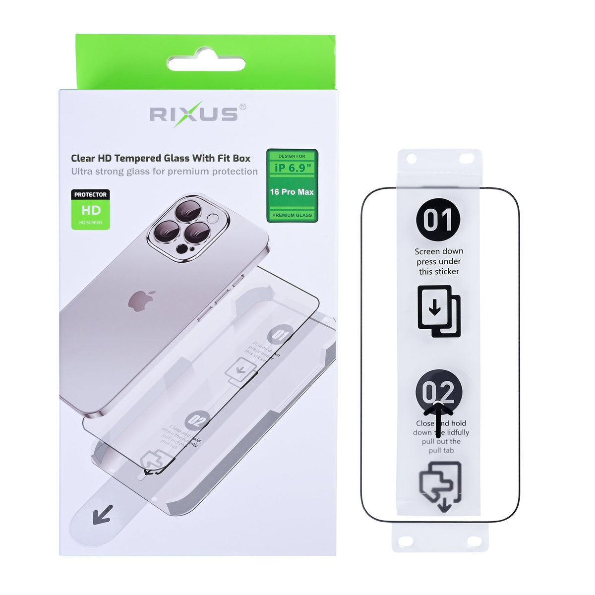 Rixus Clear HD Panzerglas mit Montagehilfe für iPhone 16 Pro Max