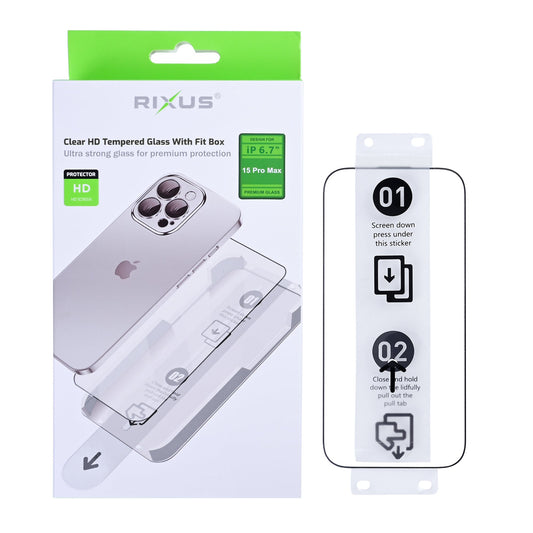 Rixus Clear HD Panzerglas mit Montagehilfe für iPhone 15 Pro Max