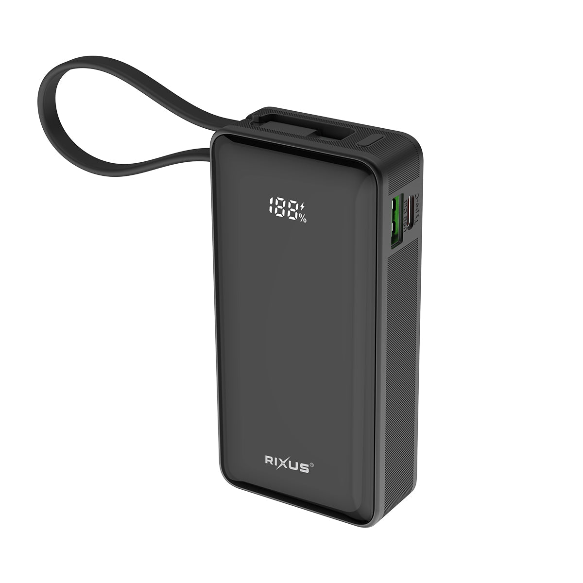 Rixus Powerbank 10000 mAh 20W USB-C mit Handschlaufen-Kabel Schwarz